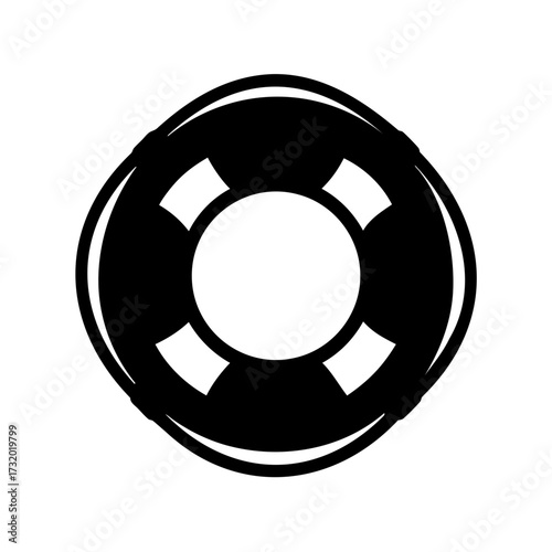 Black and white silhouette image of a life preserver on white background