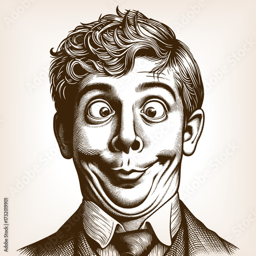 cheerful man in a suit with an overly wide grin, quirky humor and classic retro comic style sketch engraving generative ai fictional character vector illustration. Scratch board. Black and white image