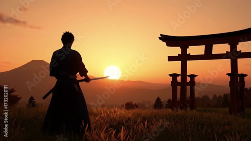 Samurai Training With Katana At Sunset