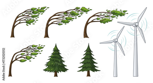 Trees Bending in Wind and Wind Turbines Illustration.