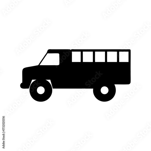Silhouette of a long passenger vehicle with rectangular windows displayed in black