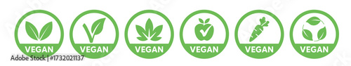 Vegan logo set with leaf, carrot, apple, eco organic food green product isolated vector on transparent background