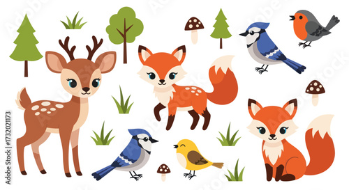 Cute Cartoon Forest Animals Set with Deer Foxes and Birds.