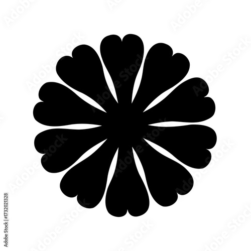 Elegant stylized floral design composed of heart shaped petals in black