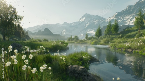 Serene Mountain River Landscape with Snow-capped Peaks Green Trees Wildflowers and Clear Water