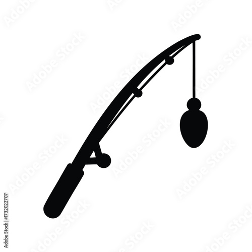 Fishing rod silhouette with reel icon- Black silhouette of a fishing rod with reel, isolated on white background, symbolizing fishing, angling equipment, and outdoor recreational activity
