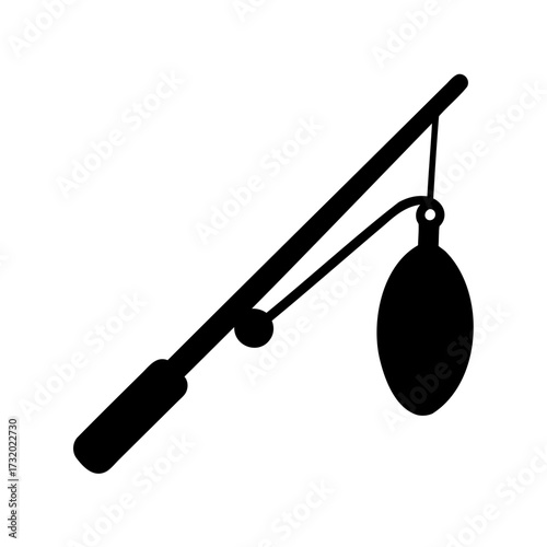 Fishing rod silhouette with reel icon- Black silhouette of a fishing rod with reel, isolated on white background, symbolizing fishing, angling equipment, and outdoor recreational activity
