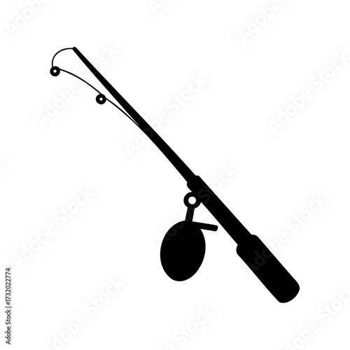 Fishing rod silhouette with reel icon- Black silhouette of a fishing rod with reel, isolated on white background, symbolizing fishing, angling equipment, and outdoor recreational activity
