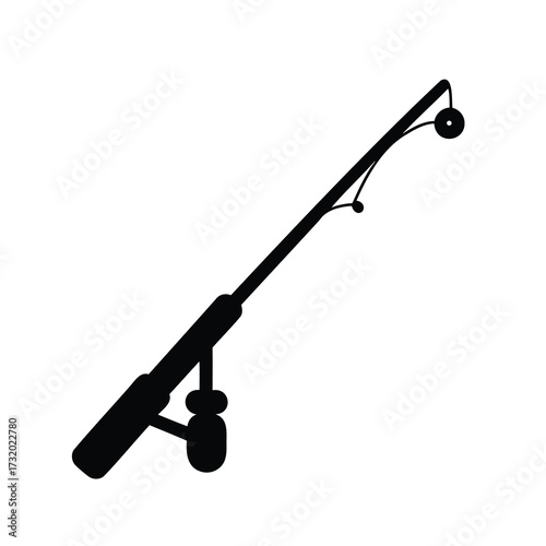 Fishing rod silhouette with reel icon- Black silhouette of a fishing rod with reel, isolated on white background, symbolizing fishing, angling equipment, and outdoor recreational activity

