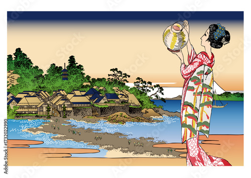 相州江の嶌と和服の女性