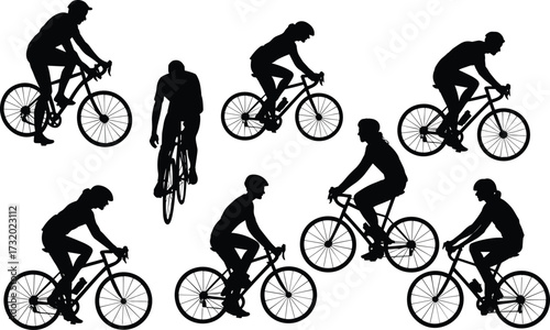 Silhouette of cyclists riding bicycles, sports activity, cycling exercise, outdoor fitness, healthy lifestyle, racing competition, transportation, teamwork, endurance training, adventure