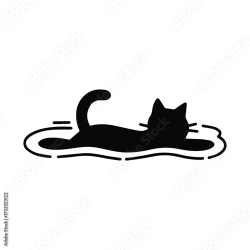 Black cat lying down in a puddle of water silhouette