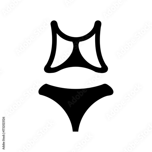 Two piece bikini swimsuit icon silhouette- Minimal black silhouette icon of a two piece bikini swimsuit, representing summer clothing, beach fashion, and swimwear design