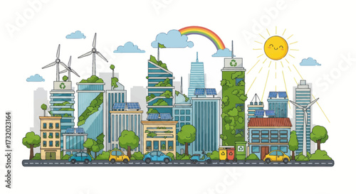 Vibrant Eco-Friendly Cityscape with Green Buildings and Wind Turbines.
