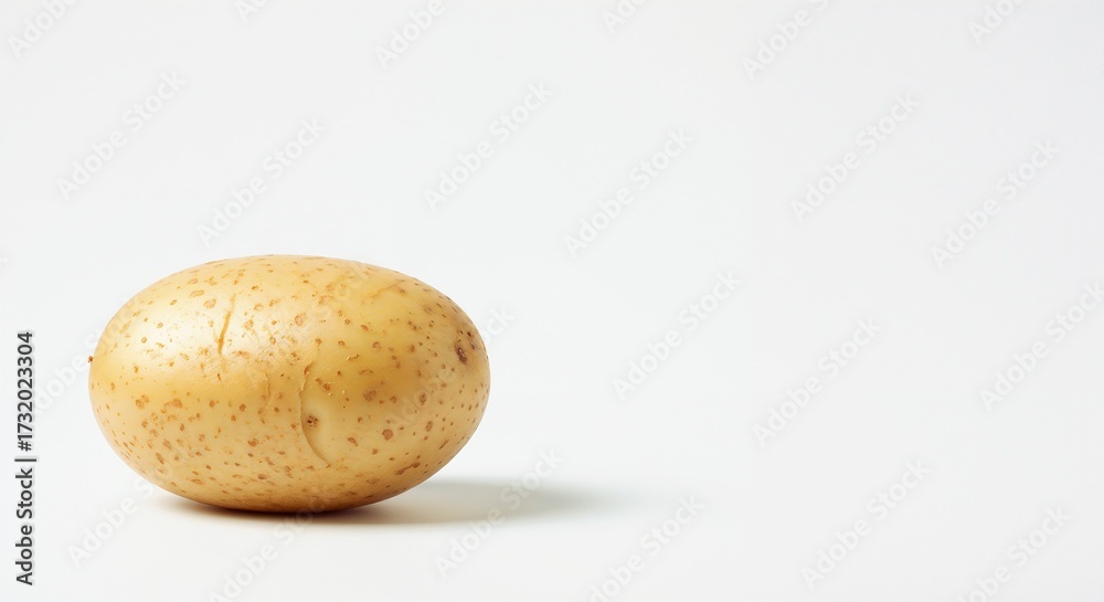 Fototapeta premium Light brown speckled potato with smooth texture and round shape on white surface. Excellent for agricultural content, cooking tutorials, and organic food campaigns.