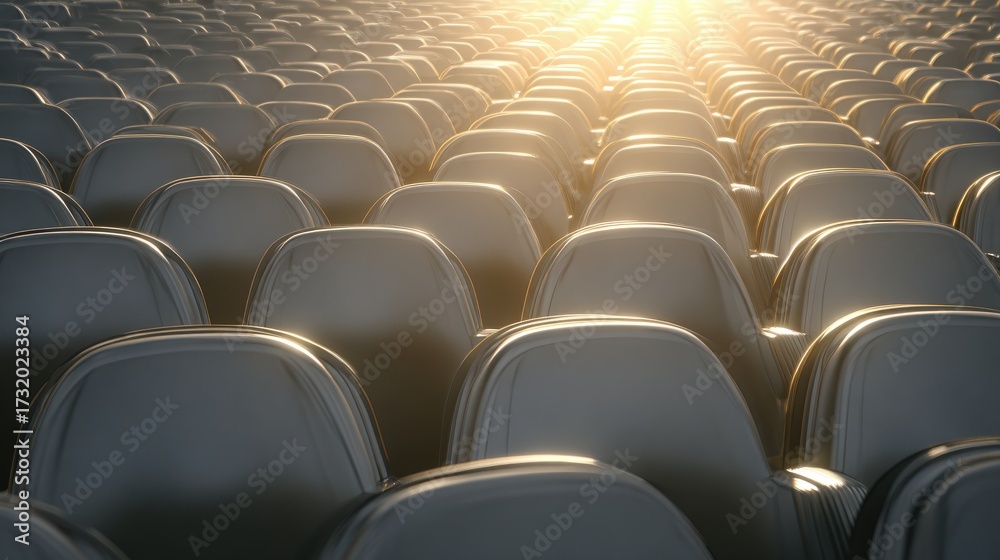 Fototapeta premium Rows of glossy, curved surfaces in a repeating pattern reflect a warm light source from above, creating a sense of depth and a tranquil, abstract arrangement.