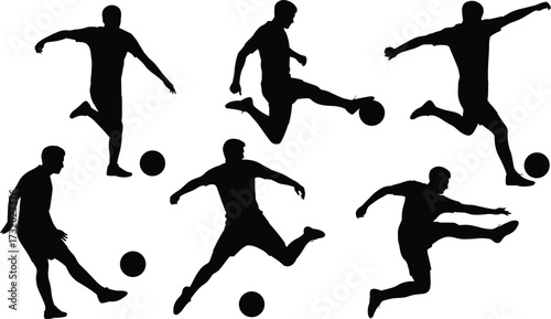 Silhouette of soccer players kicking ball, football athlete in action, sports training, competitive game, physical activity, fitness exercise, sport illustration