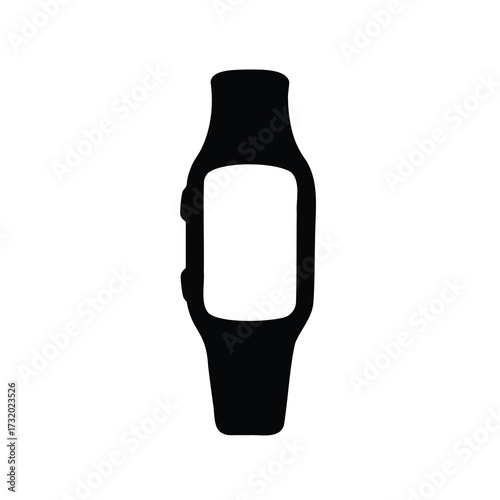 Smartwatch silhouette icon isolated on white- Minimal black silhouette icon of a modern smartwatch with rectangular screen and strap, isolated on white background for design use
