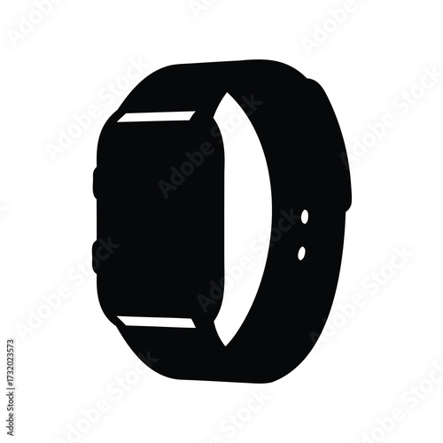 Smartwatch silhouette icon isolated on white- Minimal black silhouette icon of a modern smartwatch with rectangular screen and strap, isolated on white background for design use