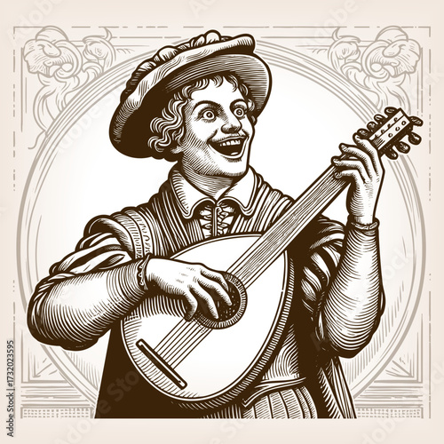 cheerful minstrel in old-fashioned costume, energetically dancing while playing lute sketch engraving generative ai fictional character vector illustration. Scratch board. Black and white.