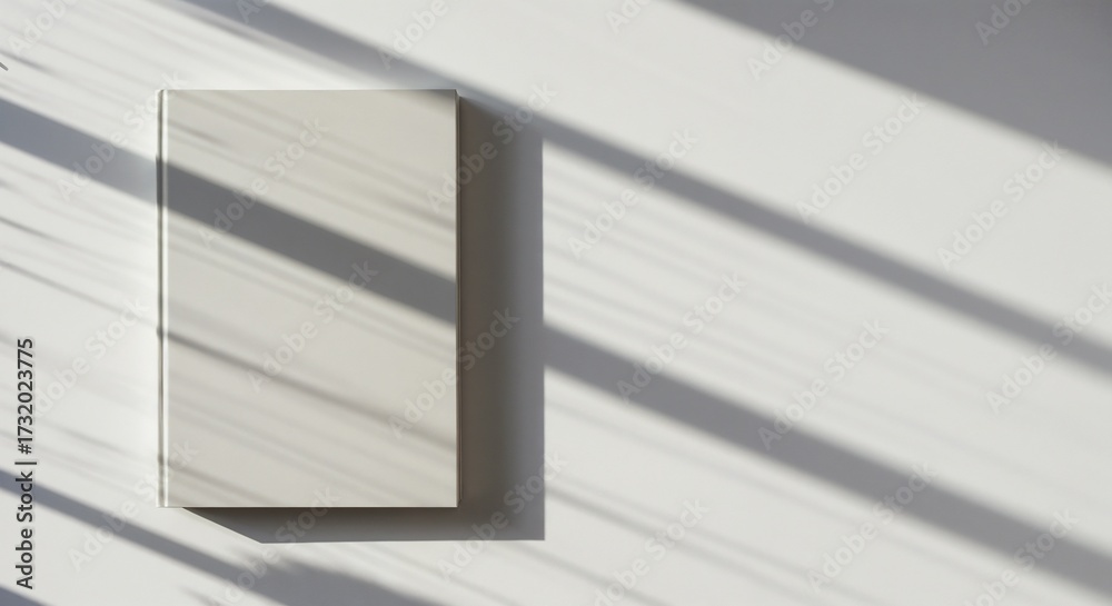 Fototapeta premium Book against white wall casting vertical line shadows from window blinds, adding texture and depth. Great for literary blogs, educational content, and artistic photography.