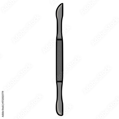 Stylized vector illustration of a cuticle pusher tool with a curved blade and a textured handle, isolated on a white background.