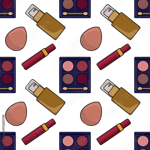 Seamless vector pattern featuring a curated collection of makeup essentials including foundation bottles, eyeshadow palettes, lip glosses, and cosmetic sponges, rendered with a clean, illustrative...