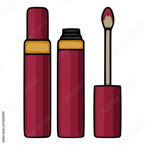 Three distinct vector illustrations of burgundy liquid lipstick tubes, one with its applicator wand extended showing the product, against a clean white background.