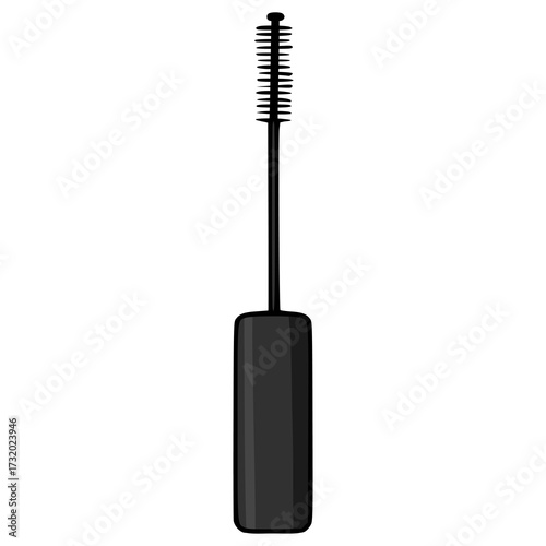 Simple black vector illustration of a mascara wand with a ribbed applicator and a cylindrical handle, isolated on a white background.