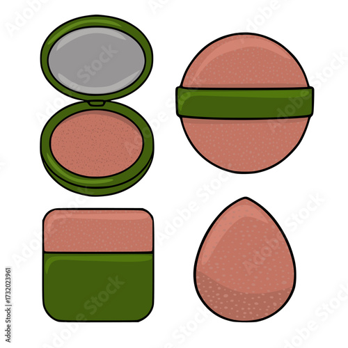 A delightful vector collection showcasing essential makeup application tools, including a compact powder with mirror, a fluffy powder puff, a cream jar, and a teardrop-shaped makeup sponge, all ren...