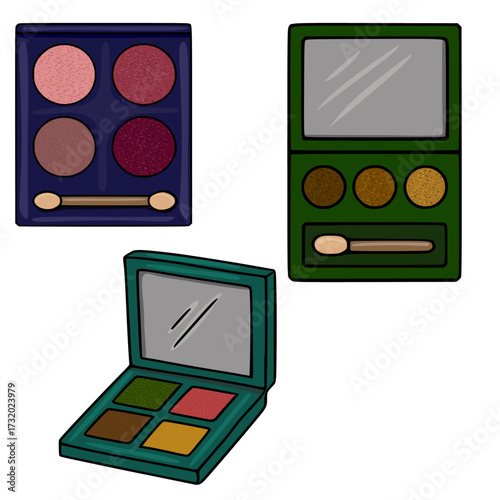A diverse collection of three eyeshadow palettes, each featuring a unique arrangement of colors and a cosmetic applicator, presented as a clean vector illustration.