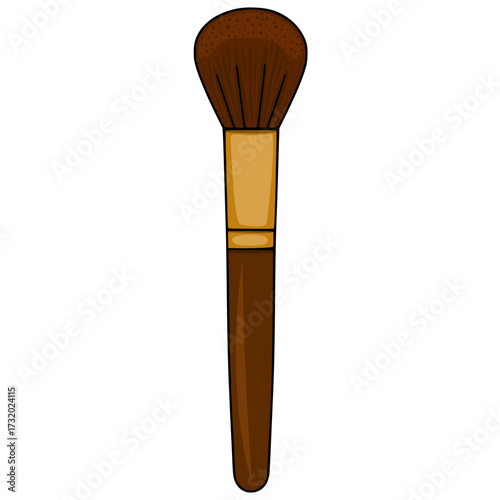 A detailed vector illustration of a single makeup brush with a fluffy brown head and a sleek brown handle, accented by a golden ferrule.