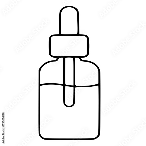 Simple black and white vector illustration of a serum bottle with dropper, representing beauty and skincare.