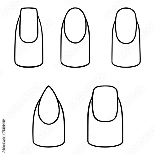A simple black and white vector illustration showcasing five distinct nail shapes, including square, oval, almond, and coffin styles, presented against a clean white background.