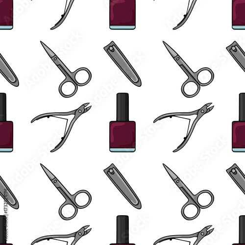 Seamless repeating vector pattern of manicure tools and nail polish bottles, featuring a simple, clean illustration style with a white background.