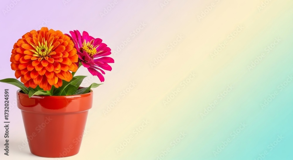 Fototapeta premium A red pot holds orange pink zinnias against a blended pastel background