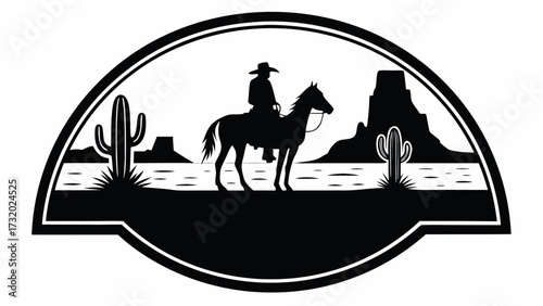 Lone cowboy rides horse through arid desert landscape with cacti and mesas under sky