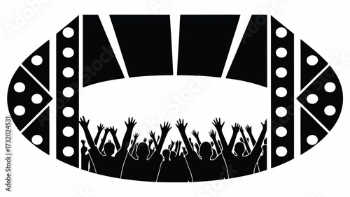 Excited crowd with hands raised at a vibrant concert or event, celebrating energy and joy