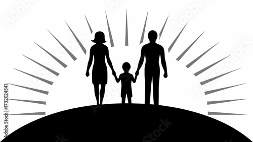 Happy family silhouette holding hands on a hill with radiating light symbolizing hope and future