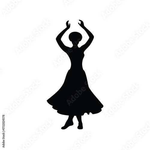 Elegant black silhouette of a woman gracefully dancing in a flowing dress