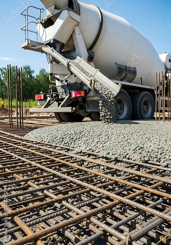 Cement truck pouring concrete onto rebar construction