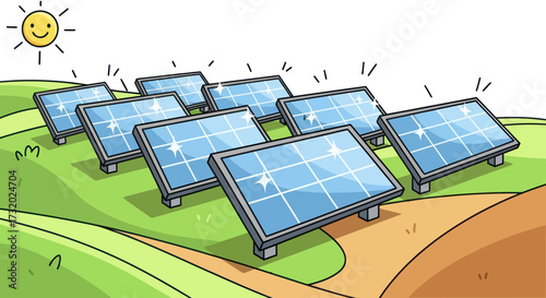Cartoon Solar Panels Generating Clean Energy Under Smiling Sun.
