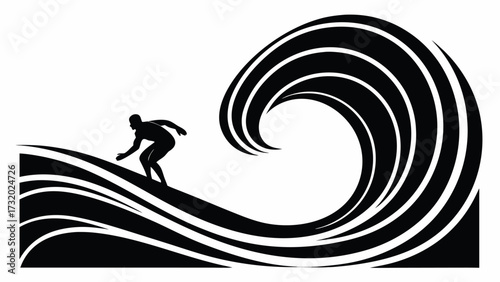 Dynamic surfer riding a powerful ocean wave in a bold black and white abstract design