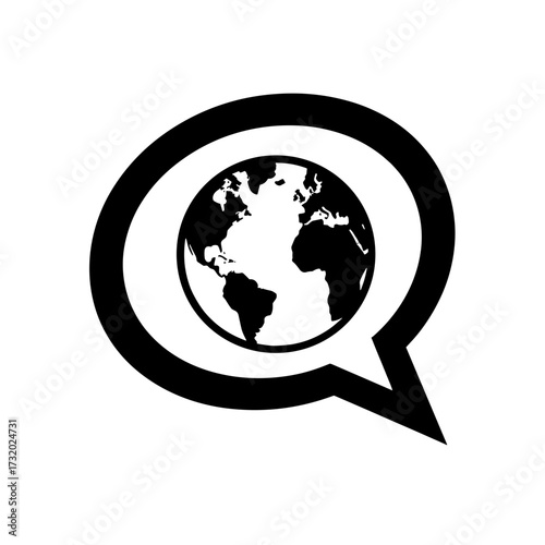 Globe inside speech bubble icon, global communication and international conversation symbol