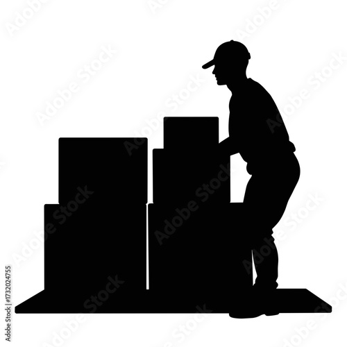 Worker carrying boxes silhouette, delivery and logistics labor symbol