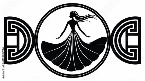 Elegant silhouette of a woman in a flowing gown dancing with swirling hair and decorative side elements.