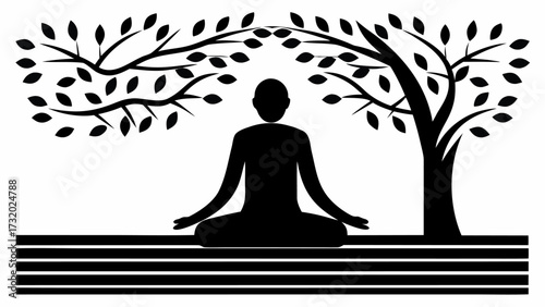 Silhouette of person meditating peacefully under a stylized tree symbolizing growth and inner calm