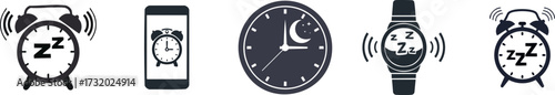 Various clock designs, including an alarm clock, smartphone, and wristwatch, all indicating themes related to time and sleep.