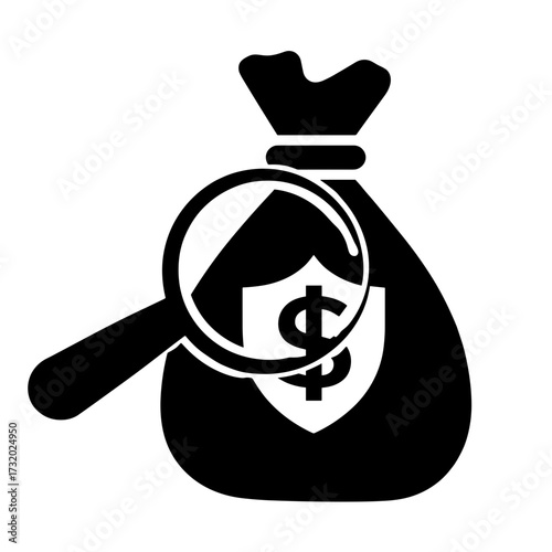 Money bag with magnifying glass symbolizing financial analysis and security