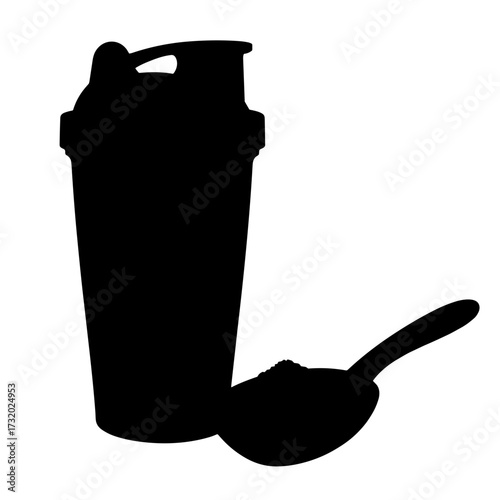 Protein shaker bottle with measuring scoop, fitness nutrition concept
